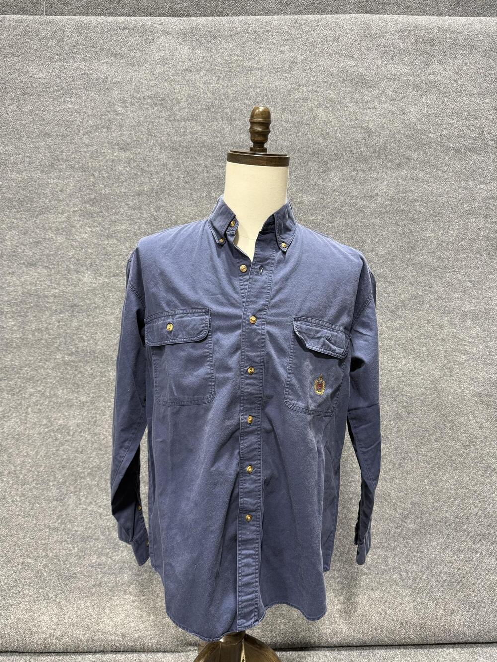 Bugle Boy Company Shirt Mens Large Blue Solid Long Sleeve Button-Up Pockets Top